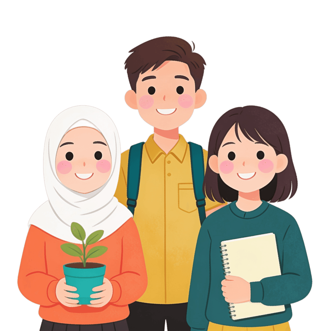 Three smiling students, one holding a potted plant and one a notebook